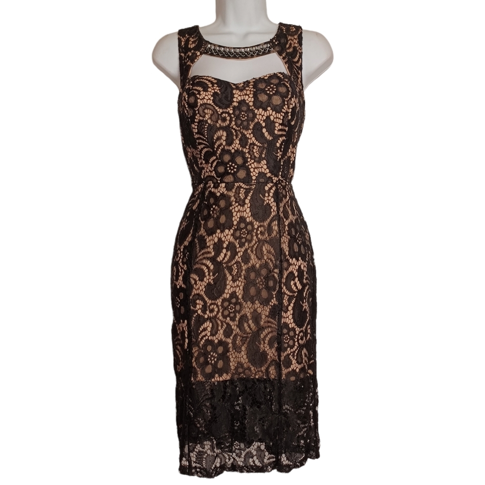 SWEET STORM Black Lace Beaded Illusion Strapless Nude Lining Cocktail Dress L